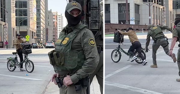 This is a two-panel image showing an enforcement action on a city street. In the left panel, a uniformed tactical officer stands watch as a person on a bicycle with a delivery bag looks on. The right panel shows the escalation, with an officer chasing and seemingly apprehending the cyclist, who is getting away on their bike as another agent runs in to assist.