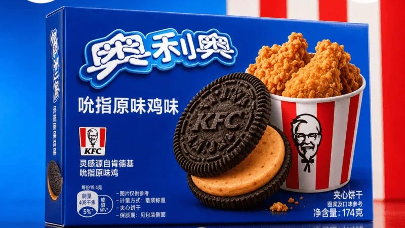 A Chinese ad for Spicy Chicken Oreos; very red white and blue themed and the Oreo cookies feature a little chicken leg on them and brown frosting