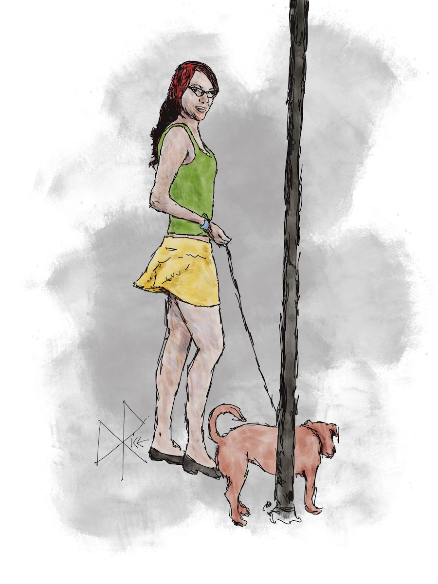A young woman with red hair and glasses waits as her little brown dog sniffs around the base of a pole. Sketch art by Don Rice. A young woman with red hair and glasses waits as her little brown dog sniffs around the base of a pole. Sketch art by Don Rice.
