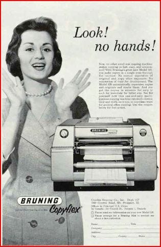 This may contain: an advertisement for the bruining coplex printer, featuring a woman holding her hands up