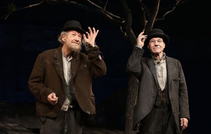 This may contain: two men standing next to each other with their hands in the air and one holding his hat