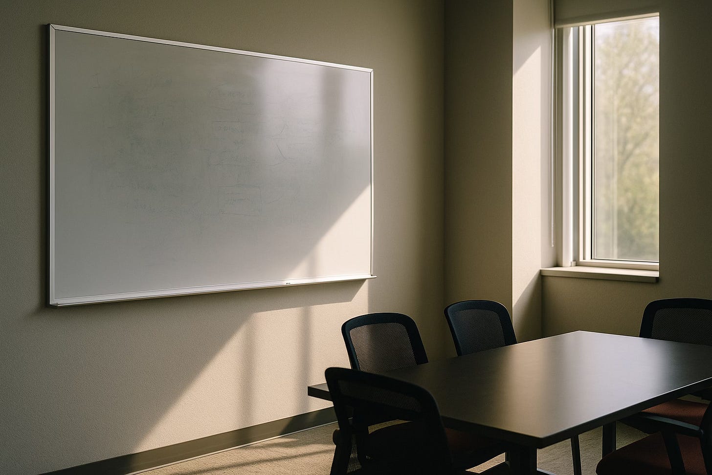 Empty conference room with sunlight streaming onto a whiteboard showing faint erased notes. Empty conference room with sunlight streaming onto a whiteboard showing faint erased notes.