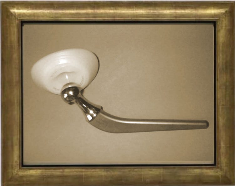 Picture of a Charnley hip replacement, sepia toned and embedded in the frame of the classic "This is not a pipe" Magritte image. No text on image. Picture of a Charnley hip replacement, sepia toned and embedded in the frame of the classic "This is not a pipe" Magritte image. No text on image.