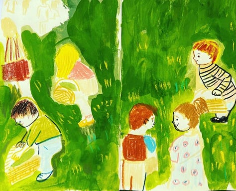 illustrations of people and a vulture drawn by Beth Spencer