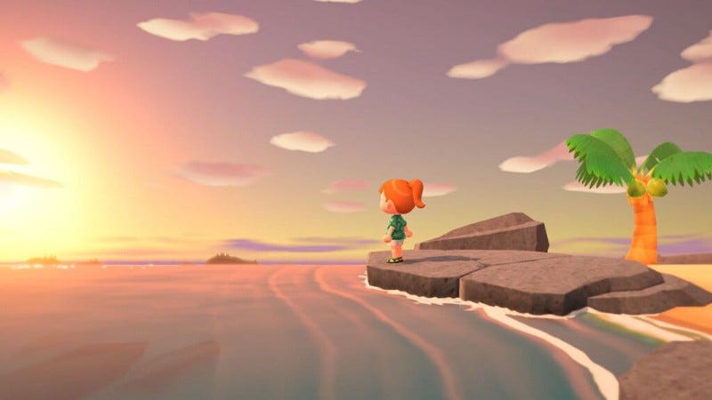 Villager staring across the ocean at sunset.