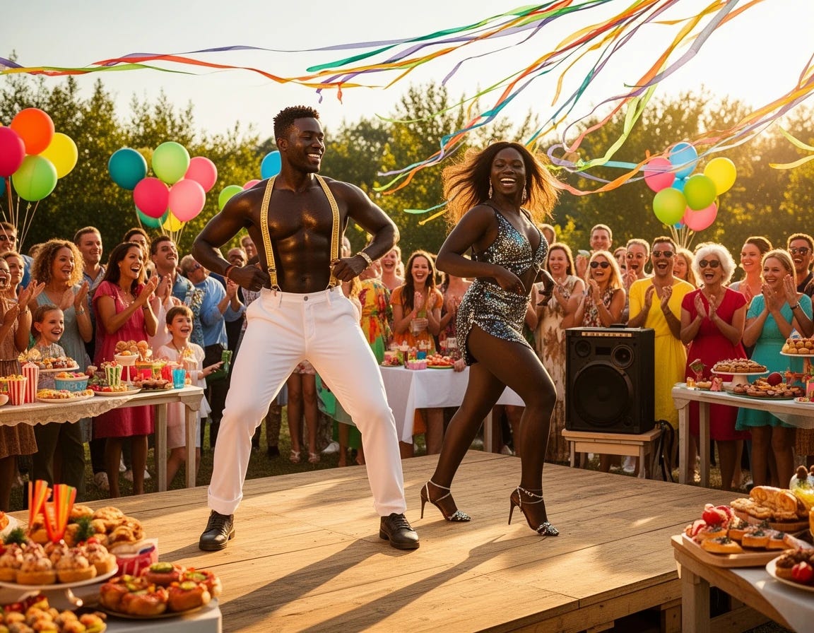 2 black strippers, one man one woman, doing a strip tease at an outdoor birthday party