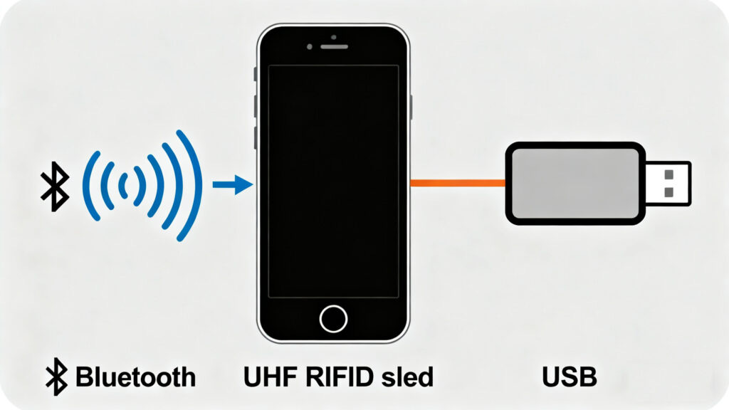 smartphone connects to a UHF RFID sled reader via Bluetooth or USB 1
