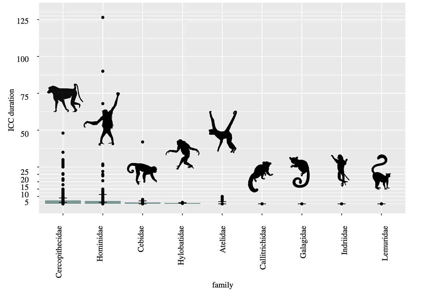 Graph showing the number of days of recorded cases of infant corpse carrying in nine families of primates. Hominidae including chimpanzees has the longest distribution Graph showing the number of days of recorded cases of infant corpse carrying in nine families of primates. Hominidae including chimpanzees has the longest distribution