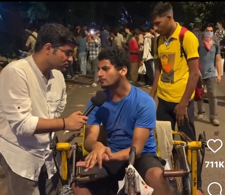 a gallery of 4, first one with a wheelchair user, second with an autistic woman weraing a helmet and headphones, third with a Deaf student and the fourth with a wheelchair user. All are communicating with reporters.