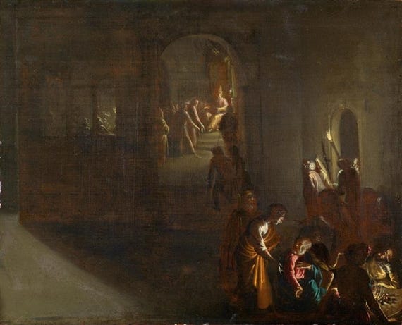 Artwork by Leonaert Bramer, Nocturnal landscape with Peter’s Denial and Christ before the High Priest, Made of oil on panel