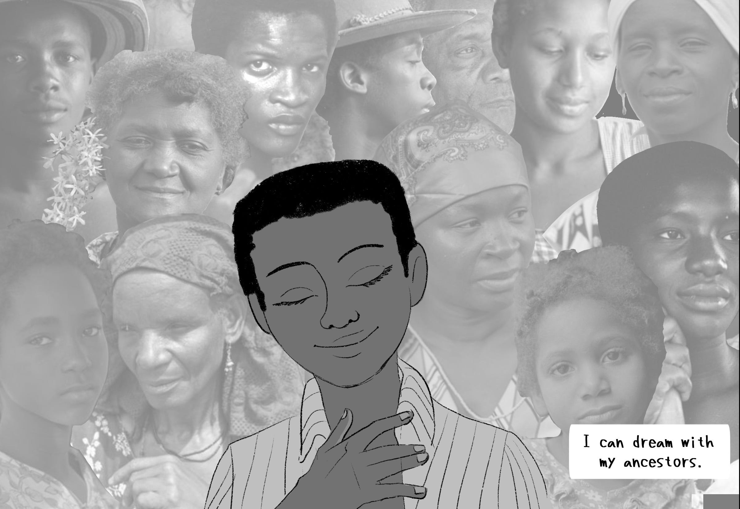 Storyboard image by Sydney Sata, combining Palenque de San Basilio photographs by Richard Cross with an illustration of a young boy from the community. 