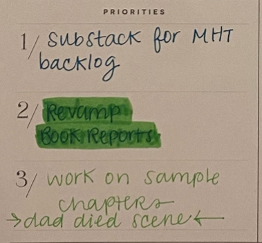 List of Priorities for March 2025 1. substack backlog for MHT 2. revamp book reports 3. Work on prose for book proposal