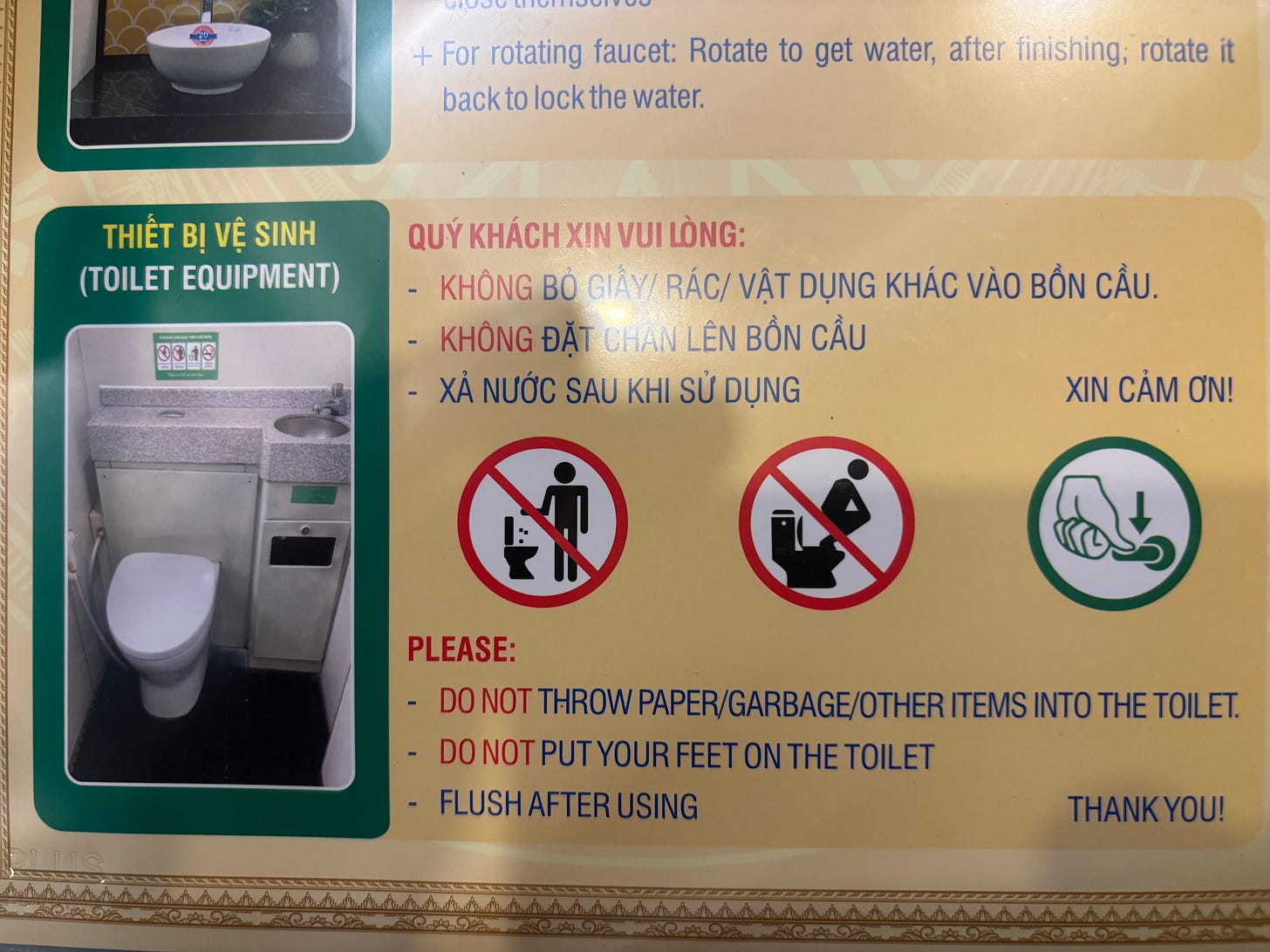 Bathroom sign on the train from HCM City to Hue.