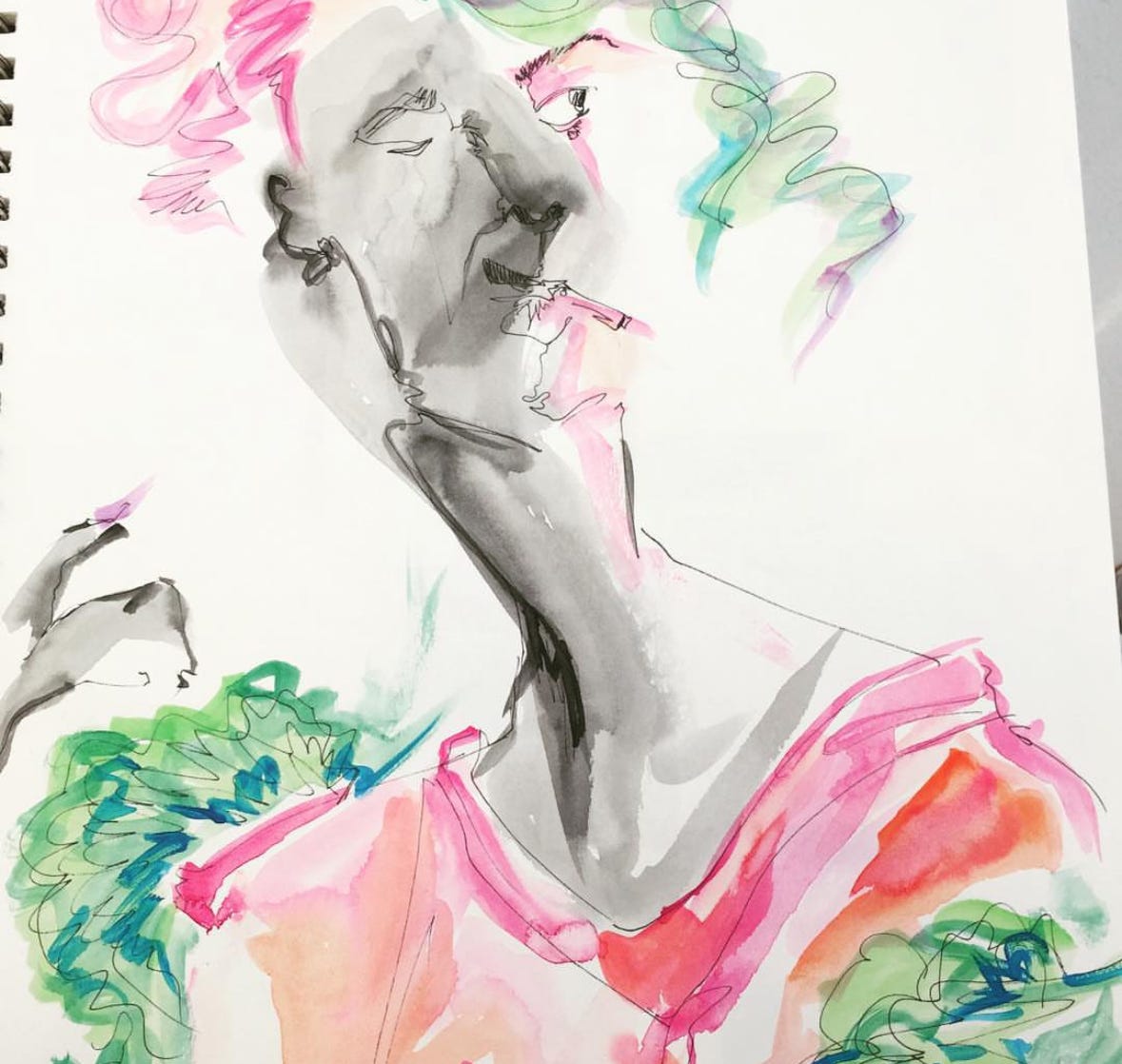 Sketch with watercolor and pen. Of a woman smoking; she is painted in a grey wash and her hair and clothing is shades of pink, orange, and green.