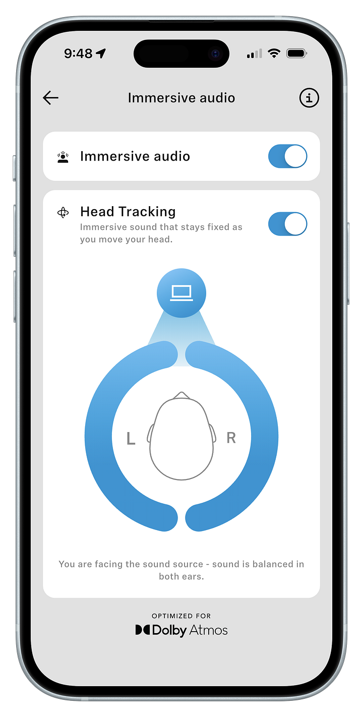 Sennheiser SmartControlPlus app for iOS showing Immersive Audio settings.