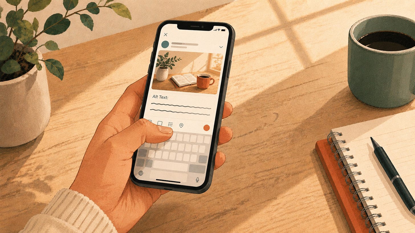 A hand holds a smartphone tilted toward the viewer. On the screen, a social media post composer shows an illustrated photo at the top, with a text-input area below where descriptive text is being typed. The thumb hovers above the screen mid-tap. A wooden desk and the corner of a notebook are visible behind the phone in warm morning light.