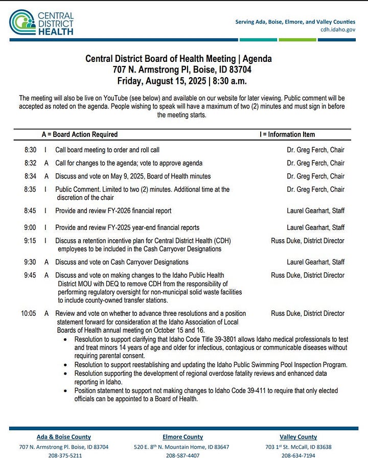 Central District Health August 15, 2025 Agenda