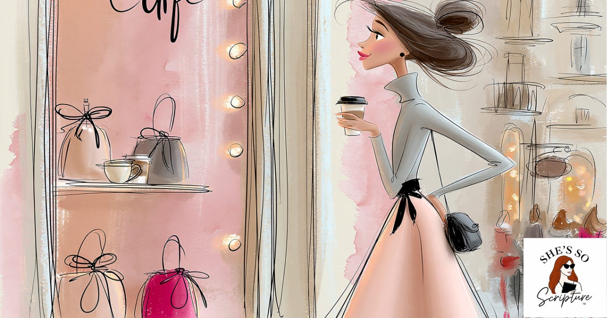 An illustrated woman standing before a shop window with a wistful expression and a coffee cup in hand in soft street light, rendered in a whimsical fashion illustration style with blush pink and cream watercolor tones.