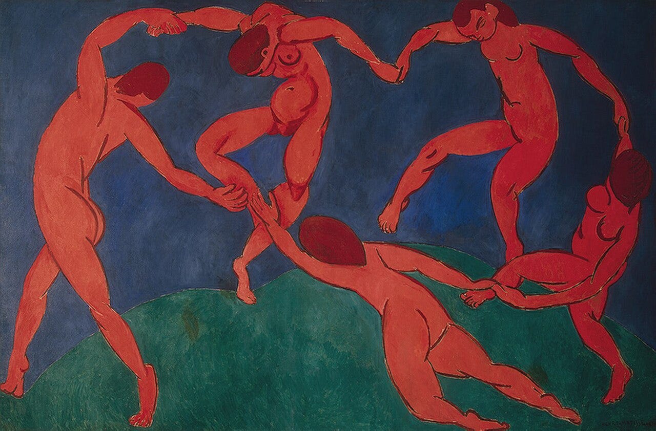 Matisse's Dance, five red figures circling in a ring on flat blue and green ground Matisse's Dance, five red figures circling in a ring on flat blue and green ground