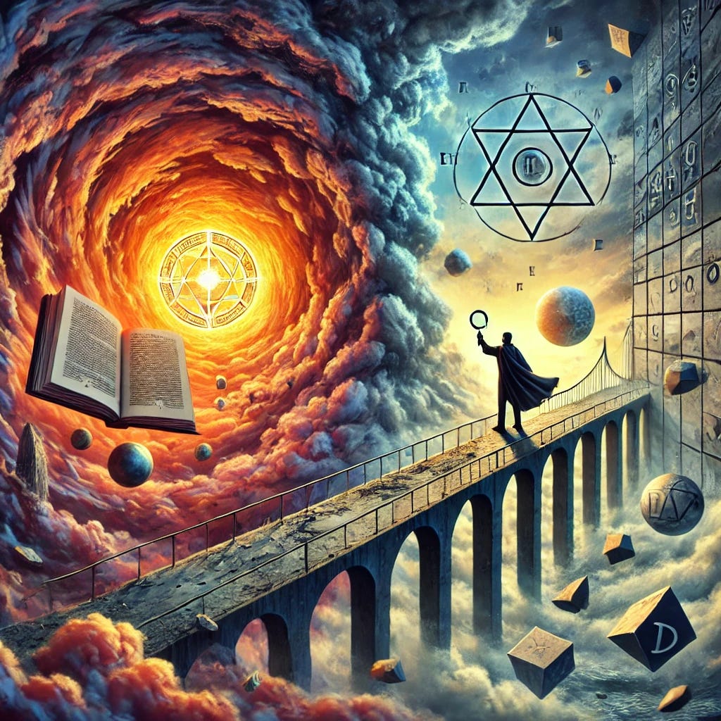 A surreal and symbolic digital painting depicting the contrast between ideology and reality. The scene is divided into two halves: the left side shows a figure standing on a chaotic, swirling storm of colors, holding a glowing book labeled 'Faith,' while the right side features a figure surrounded by orderly geometric patterns, holding a magnifying glass to analyze a glowing sphere. The background transitions from stormy clouds on the left to clear skies on the right, with a crumbling bridge connecting the two sides. The mood is reflective and dramatic, with a focus on the tension between belief and logic.