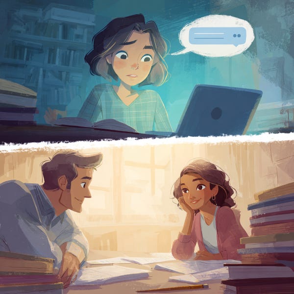 Illustration showing a student alone at night with a laptop and chatbot, contrasted with a student engaged in conversation with a teacher at a bright, inviting table. Illustration showing a student alone at night with a laptop and chatbot, contrasted with a student engaged in conversation with a teacher at a bright, inviting table.