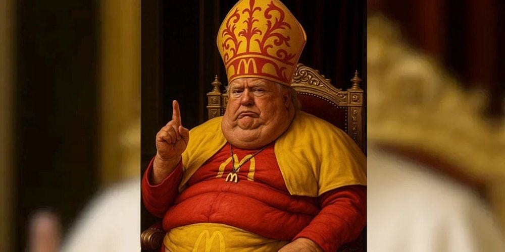 AI generated image of Trump as a fat pope wearing McDonalds regalia AI generated image of Trump as a fat pope wearing McDonalds regalia