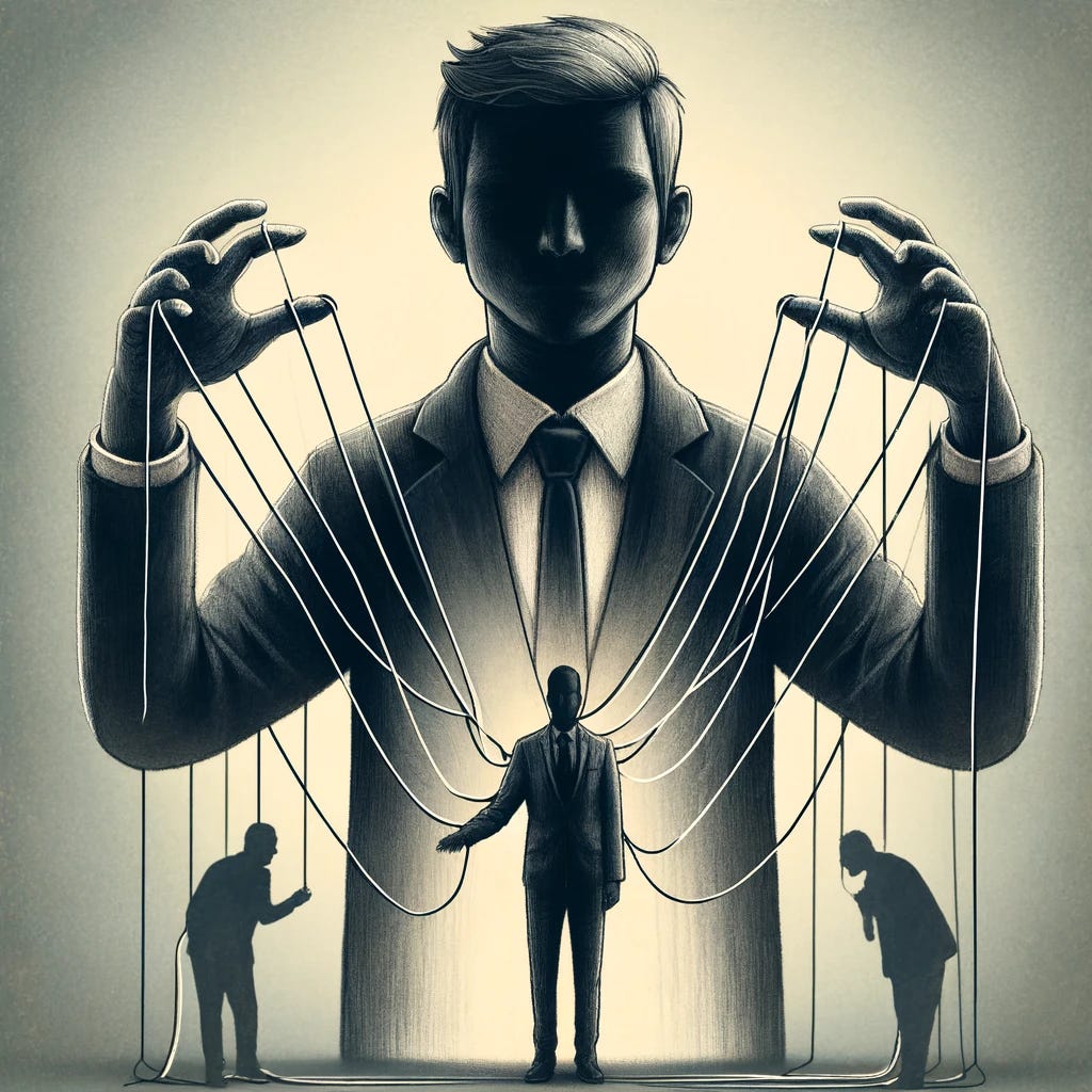 An image symbolizing the concept of narcissistic lies and manipulation. Show a central figure appearing confident and deceitful, with shadowy threads extending from their hands, representing manipulation. The threads reach toward smaller figures who appear confused or disoriented, symbolizing the impact of gaslighting and lies. The background should be a muted gradient, creating a somber atmosphere that reflects the emotional toll of narcissistic deception. 1024x1024.