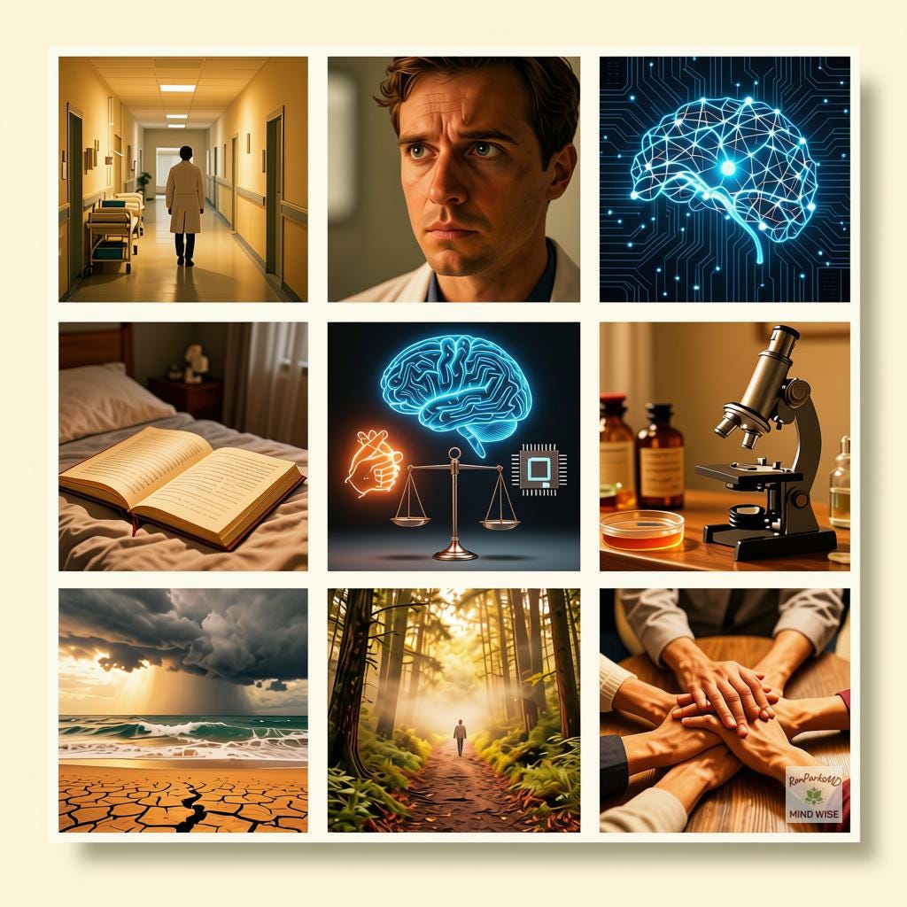Collage with nine windows into one story: fear, misalignment, AI fears the humans in the room, dream journaling