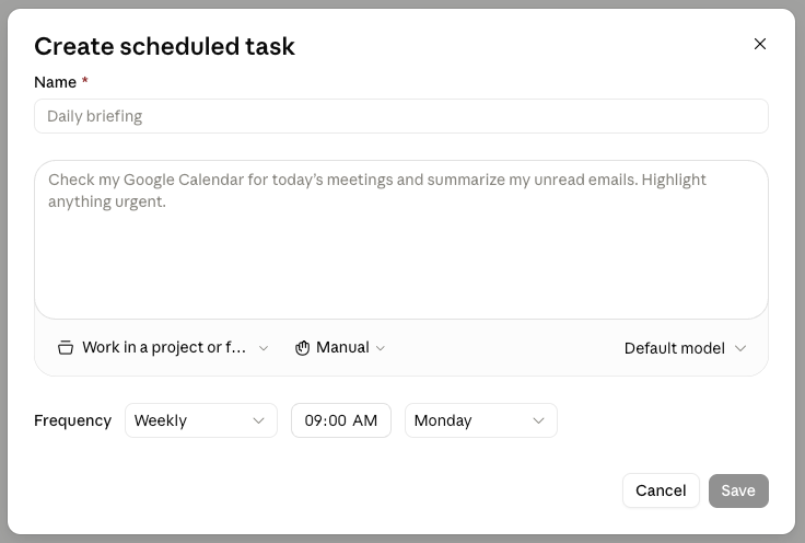 Example of “Set up manually” task in Claude