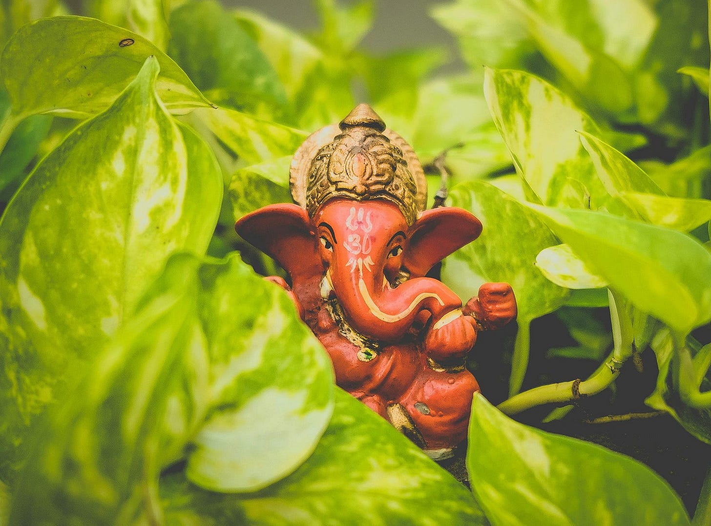 Ceramic statue of Lord Ganesha hiding among shrubbery