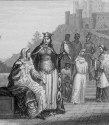 Black and white drawing of early medieval people.