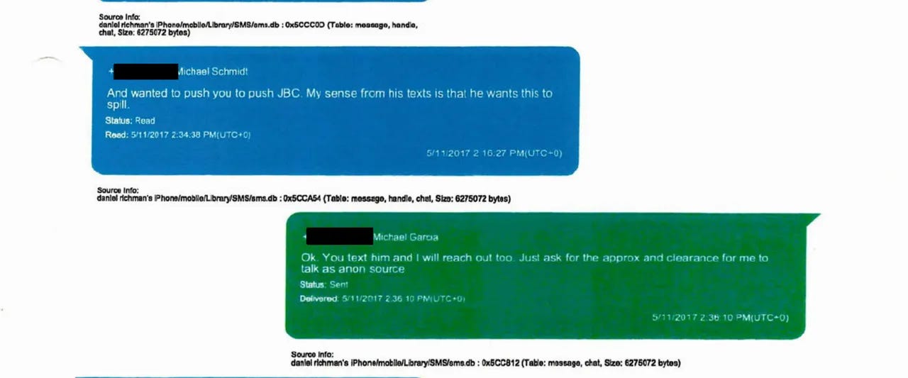 Texts between Daniel Richman and reporter.: Screenshot/DOJ/Courtlistener Texts between Daniel Richman and reporter.: Screenshot/DOJ/Courtlistener