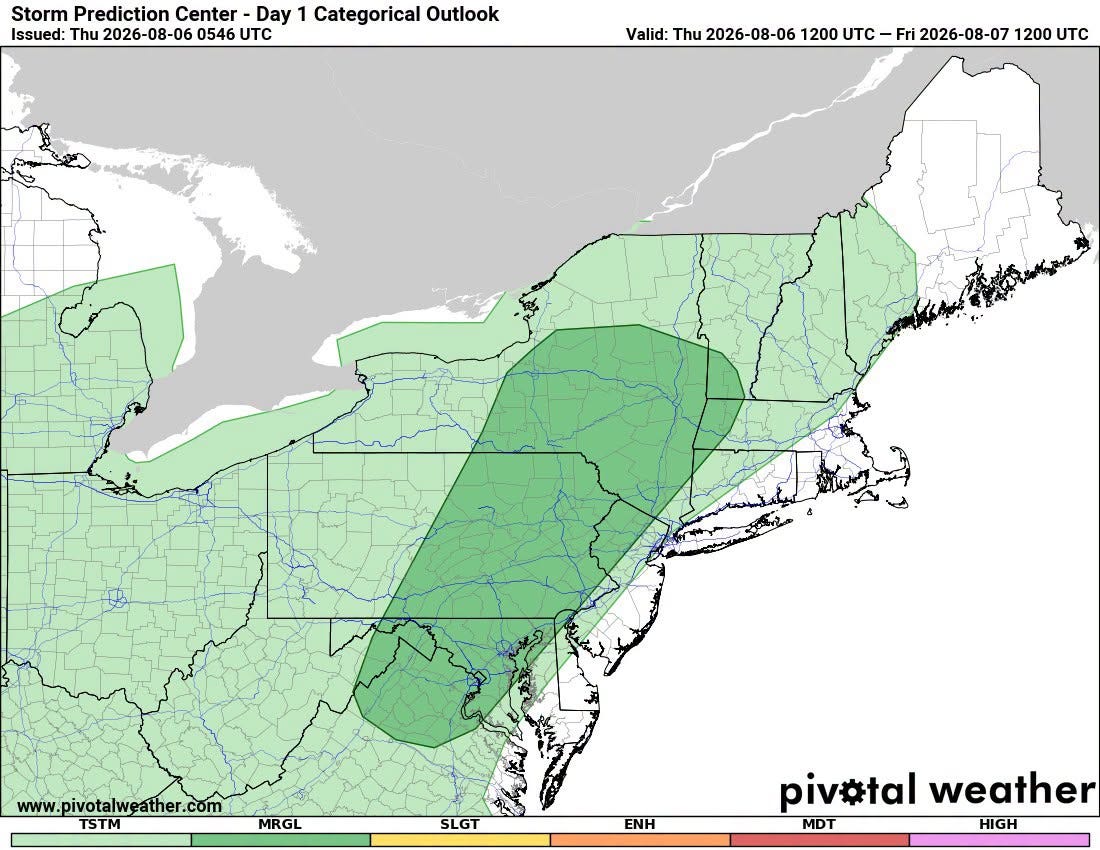 May be an image of map and text that says 'Storm Prediction Center Day 1 Categorical Outlook Issued: Thu 2026-08-06 0546 Valid: Thu 2026-08-06 2026- 1200 tC Fri 2026-08-07 1200 C www. www.pivotalweather.com pivotalv TSTM MRGL SLGT FNH piv#tal weather MDT HIGH'