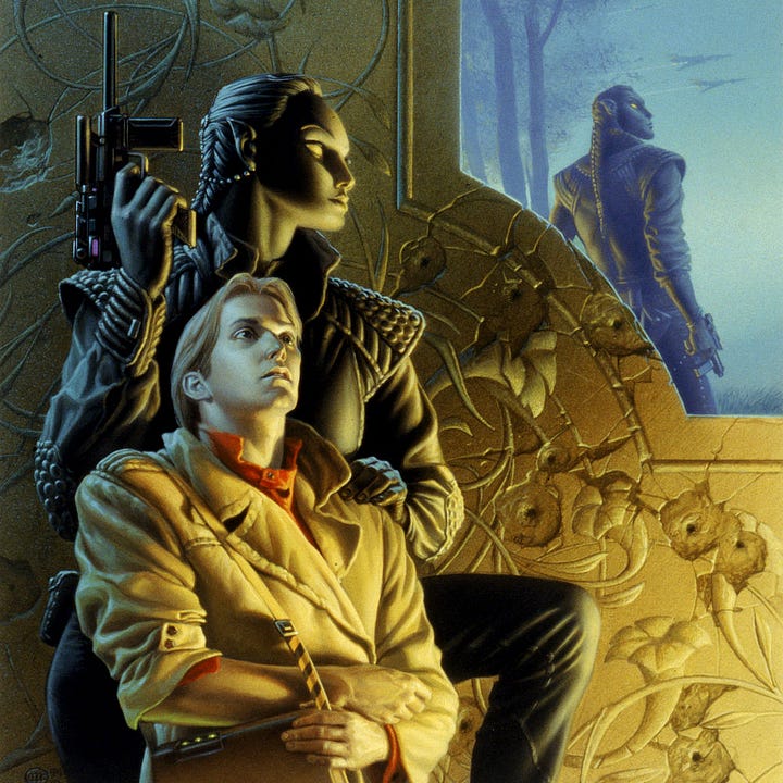 LEFT: Figure detail from INVADER featuring an onyx skinned female standing guard over a blind human. Holding up a futuristic pistol, she spies around the cover of the wall where they're hiding. RIGHT: Close detail from INVADER featuring a closeup of the sightless expression of the human and the onyx skinned alien that towers over him.