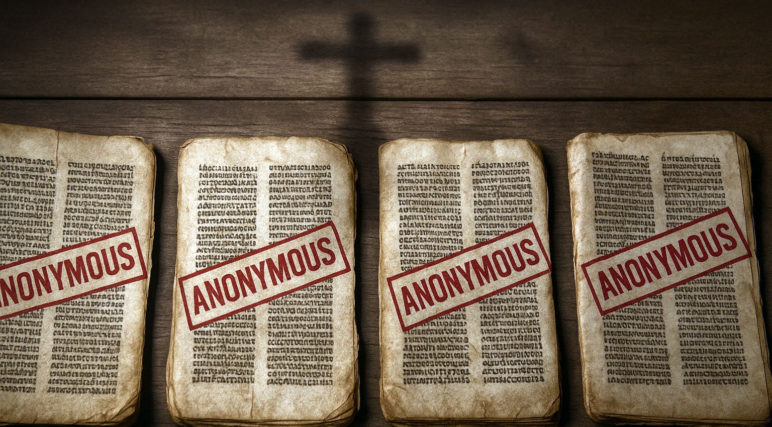 Ancient gospel manuscripts stamped with the word “ANONYMOUS” in red, symbolizing the hidden authorship and the Church’s later cover-up. Ancient gospel manuscripts stamped with the word “ANONYMOUS” in red, symbolizing the hidden authorship and the Church’s later cover-up.