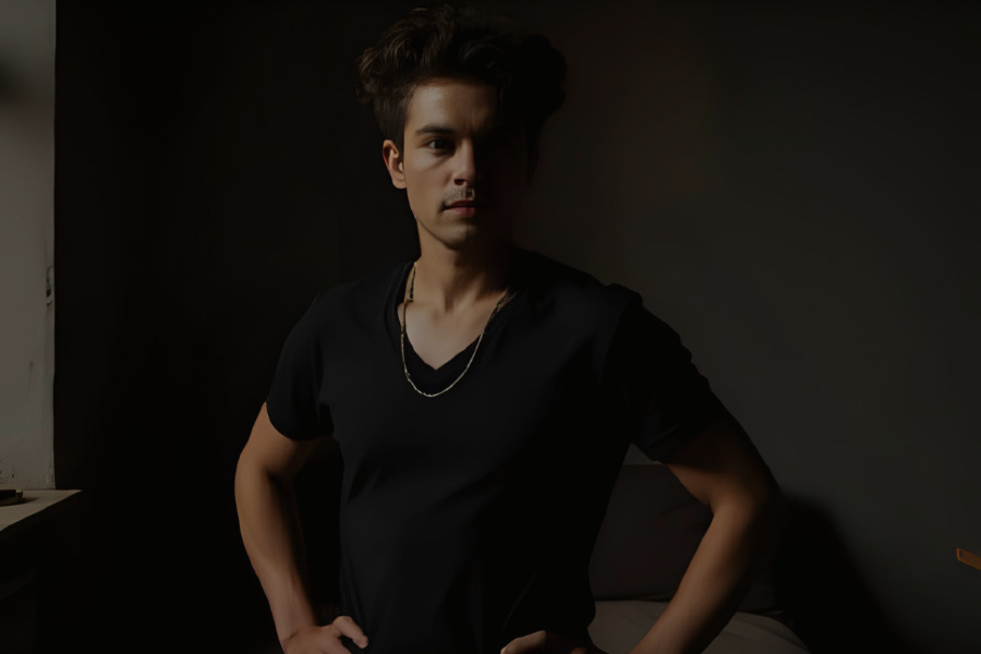 Man in a black V-neck with a chain, messy hair, hands on hips Man in a black V-neck with a chain, messy hair, hands on hips