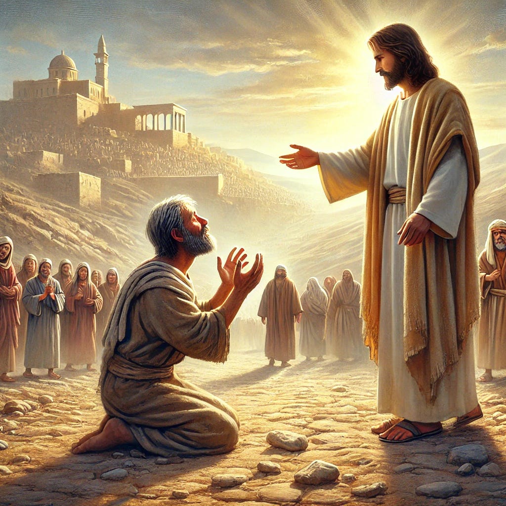 A biblical scene depicting Jesus standing on a dusty road near Jericho, surrounded by a crowd. In the foreground, a blind man, Bartimaeus, kneels before Him, looking up with faith-filled eyes. Jesus extends His hand toward him with a compassionate expression. The background features a sunlit ancient cityscape with distant hills. The image is in a realistic, painterly style, evoking a warm and spiritual atmosphere.