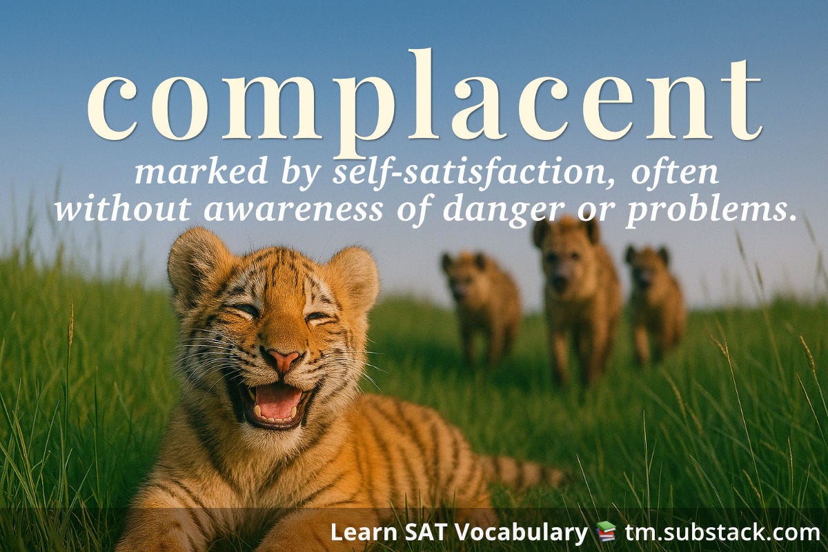 Illustration of a relaxed tiger cub unaware of approaching danger; used to illustrate the SAT word 'complacent'.