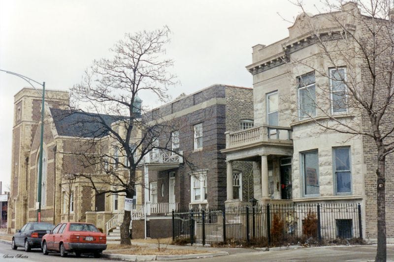 A quaint church and historic houses lining Congress Parkway, Chicago, February 1996. A quaint church and historic houses lining Congress Parkway, Chicago, February 1996.