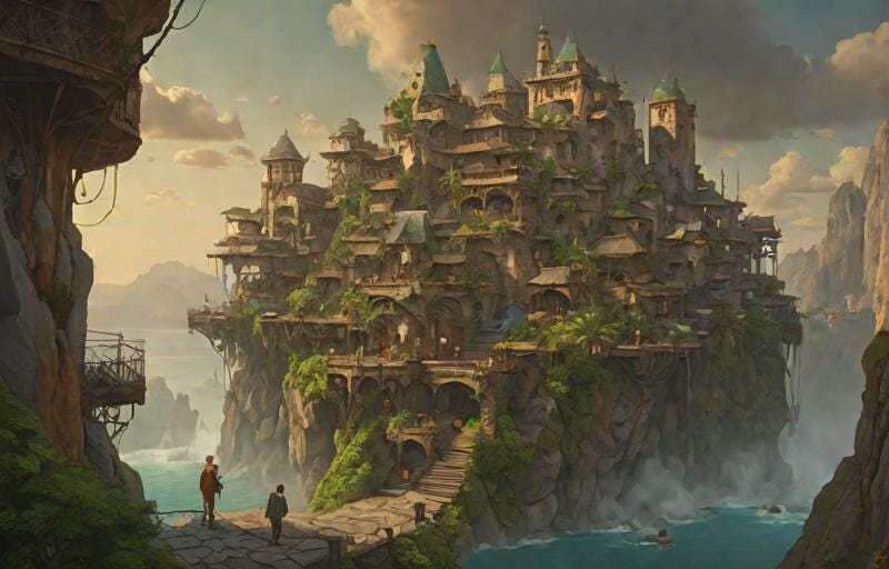 image of an island town, generated by AI, with a single long walkway from the mainland.