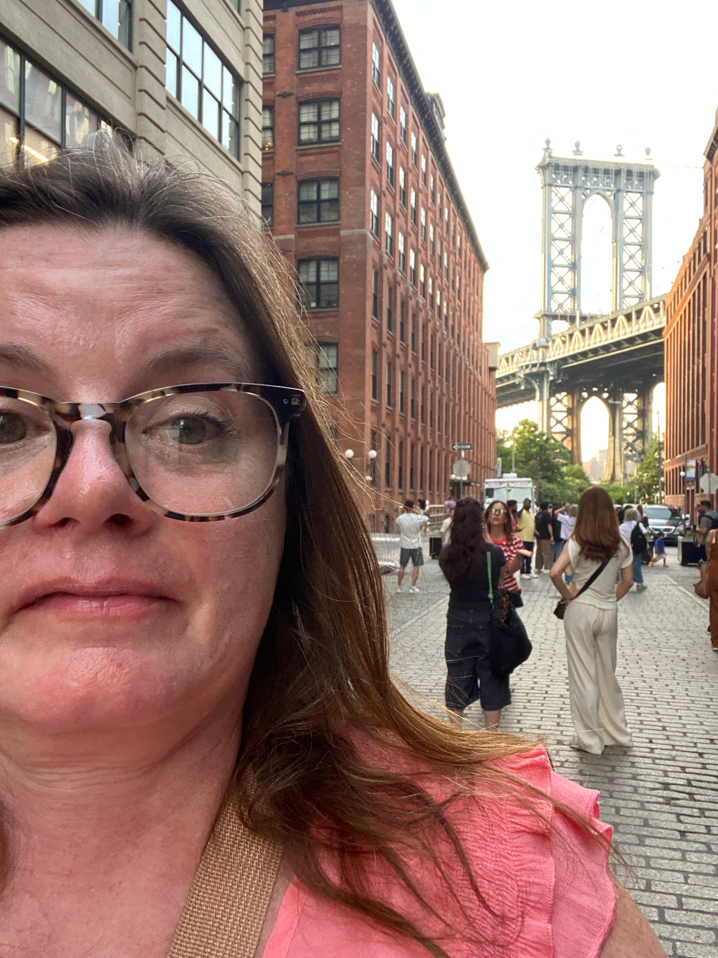 A photo of a white woman with brown hair, wearing tortoise shell glasses. Her eyebrows are slightly raised, she is not smiling, but looks a little skeptical. Other people and buildings are int he background, and the Brooklyn Bridge. 