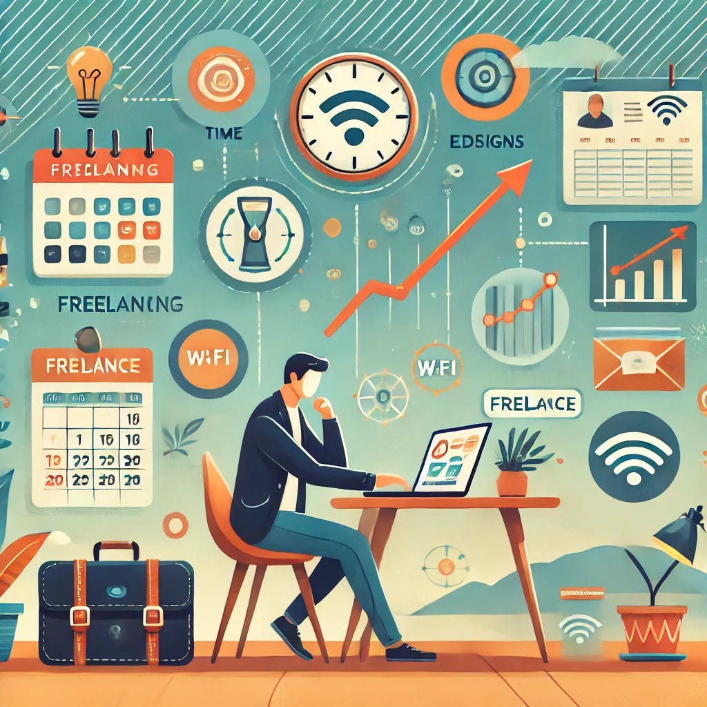 A professional and motivating illustration representing the concept of freelancing and working independently. The image features a person working from a laptop in a comfortable setting, with symbols like a calendar (for managing time), a rising chart (for potential earnings), and a suitcase with a Wi-Fi symbol (for the freedom to work from anywhere). Surrounding the person are icons representing different freelance skills like writing, design, and coding. The background uses warm, inviting colors like soft blues, greens, and warm neutrals, creating an atmosphere of freedom and productivity.