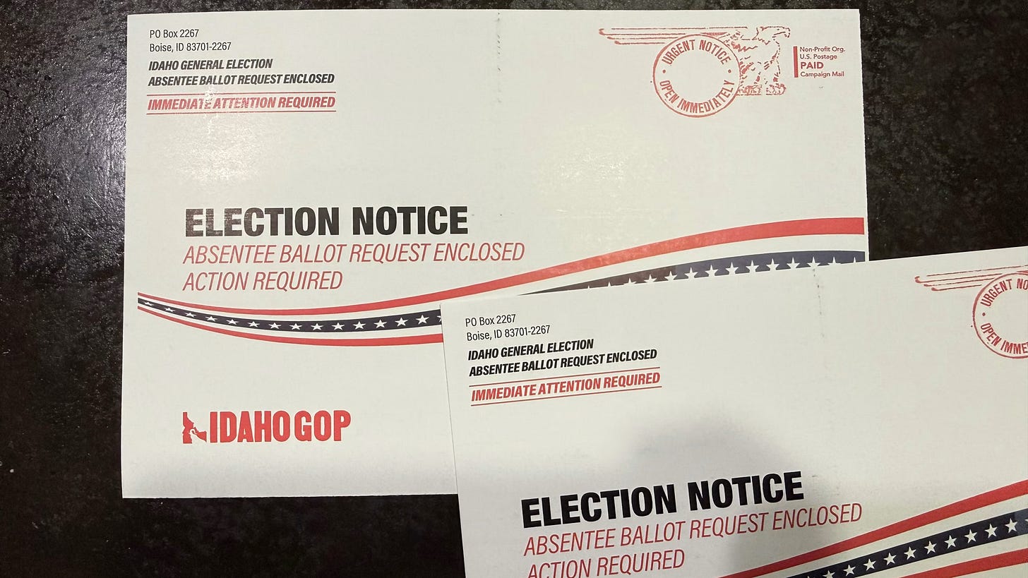 Everything You Want to Know About Mail-In Voting 4 Two Idaho GOP mailers marked "Election Notice: Absentee Ballot Request Enclosed, Action Required"