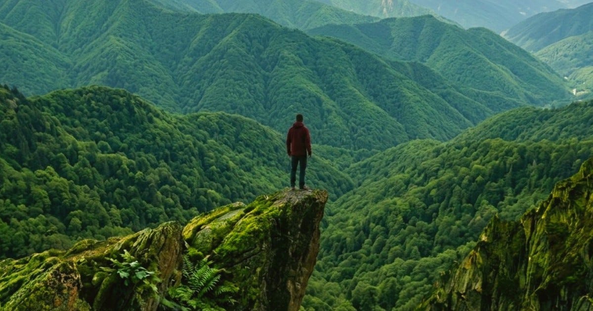 man standing on edge of cliff surrounded by green mountains