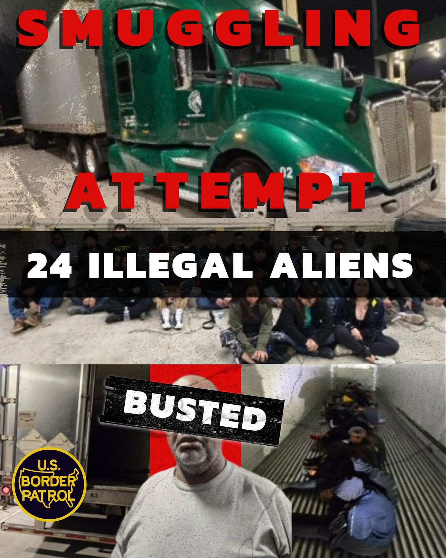 24 illegal aliens were found locked inside the trailer of this semi-truck stopped by Border Patrol Agents in the Rio Grande Valley (US Border Patrol photos & graphic)