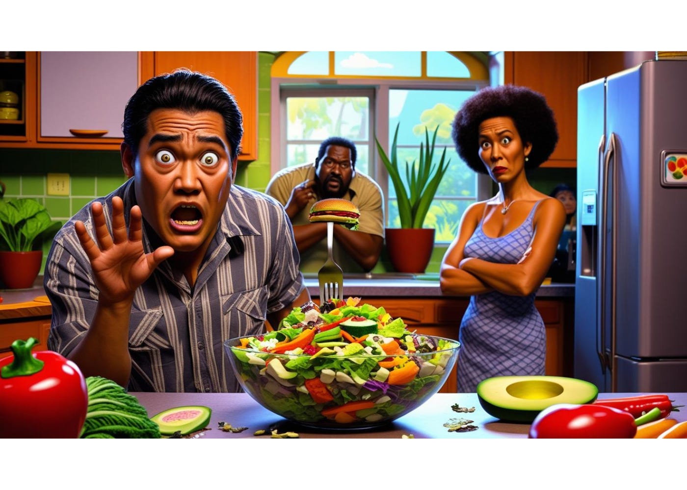 A dramatic family kitchen scene. In the foreground, a man stares in horror at a bowl of salad, eyes wide, fork frozen mid-air. Behind him, his father sneaks a bite of a burger while hiding behind a bush visible through the kitchen window. The mother glares near the refrigerator, arms crossed. The mood is comedic, exaggerated, and absurd—like a theatrical soap opera, but with vegetables. A dramatic family kitchen scene. In the foreground, a man stares in horror at a bowl of salad, eyes wide, fork frozen mid-air. Behind him, his father sneaks a bite of a burger while hiding behind a bush visible through the kitchen window. The mother glares near the refrigerator, arms crossed. The mood is comedic, exaggerated, and absurd—like a theatrical soap opera, but with vegetables.