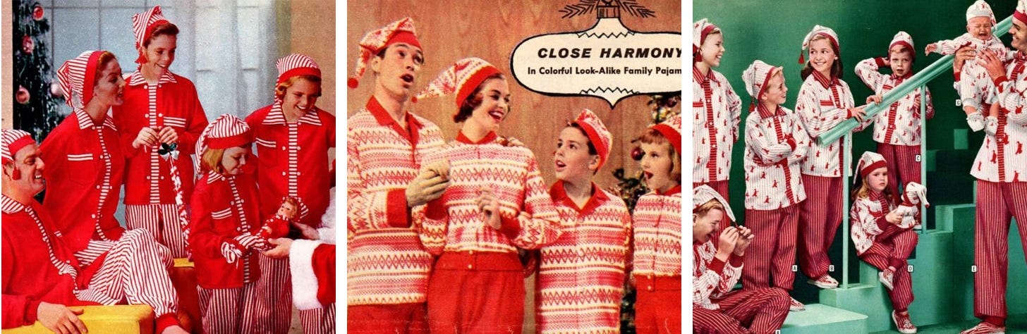 Families in the 1950s wearing match pajama sets in festive Christmas designs