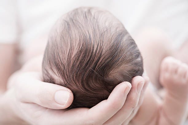 Photograph of the back of a newborn baby's head being held in adult hands
