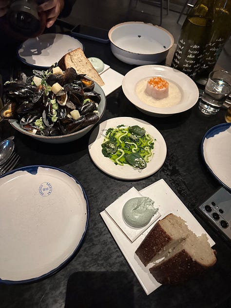 left: chicken sandwich from Poulette; middle: wiener schnitzel from Barr; right: oysters and seafood dishes at Kødbyens Fiskebar