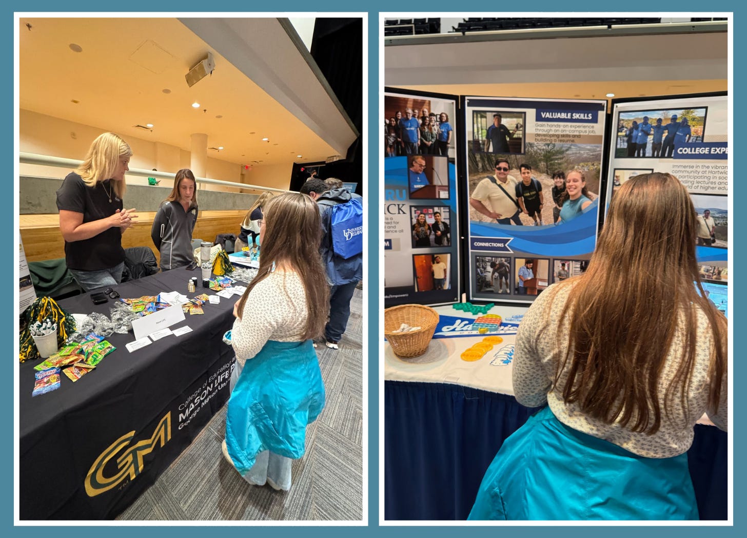photos of Penny looking at displays at college fair
